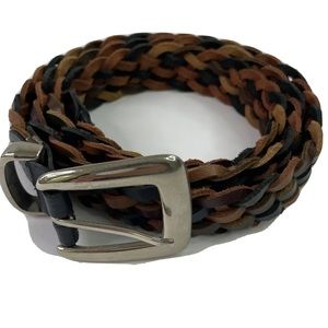 Braided Leather Belt Multicolor Tan Brown Navy Green Sz XL 38 Silver Hardware 1”